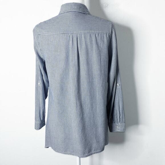 Zac & Rachel Button Up Shirt S Blue & White Striped Asymmetric Hem Long Sleeve - Picture 7 of 11